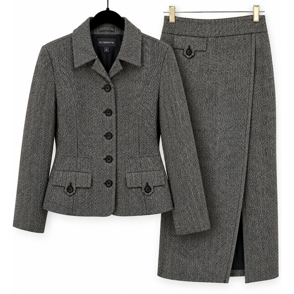 Liz Claiborne Suit 6 Wool Blend Herringbone Jacket Wrap Midi Skirt Set Academia